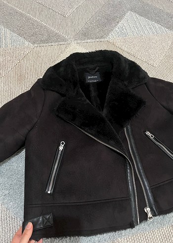 Siyah Süet Kadın Biker Ceket Kürklü - Görsel 2