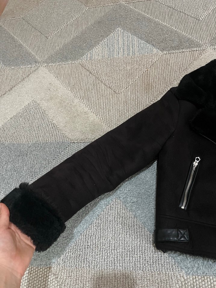 Siyah Süet Kadın Biker Ceket Kürklü - Görsel 3