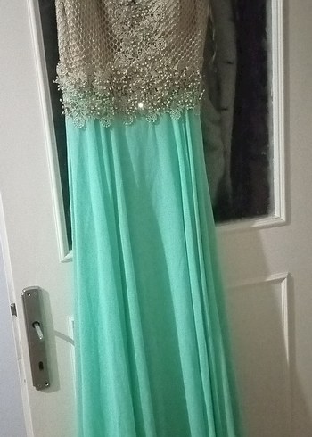 Uzun Turkuaz Drapeli Straplez Kadın Abiye - Görsel 6