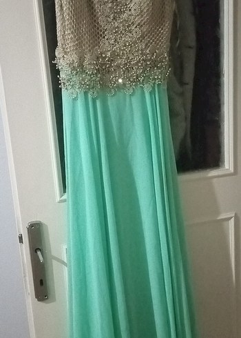 Uzun Turkuaz Drapeli Straplez Kadın Abiye - Görsel 7