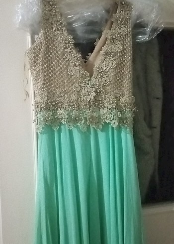 Uzun Turkuaz Drapeli Straplez Kadın Abiye - Görsel 8