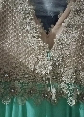 Uzun Turkuaz Drapeli Straplez Kadın Abiye - Görsel 11