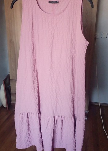 Pembe Midi Keten Kadın Elbise