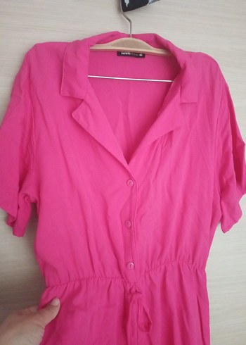 Düğmeli V Yakalı Pembe Kadın tulum - Görsel 2