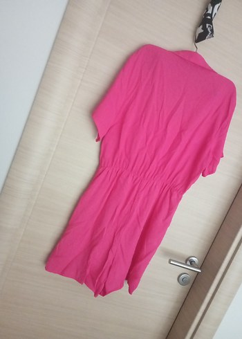 Düğmeli V Yakalı Pembe Kadın tulum - Görsel 3