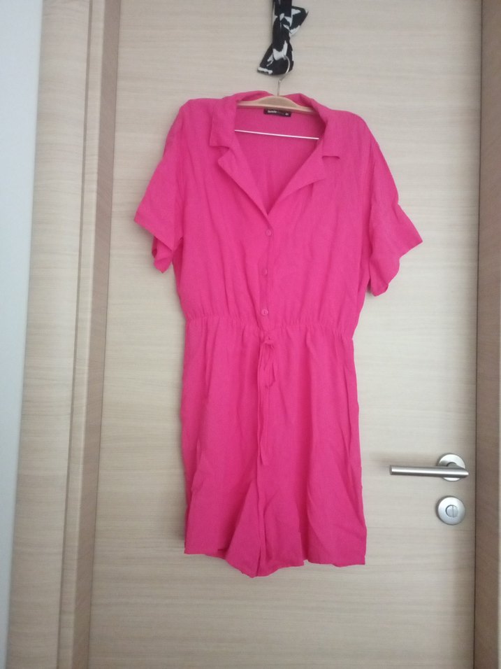 Düğmeli V Yakalı Pembe Kadın tulum - Görsel 5