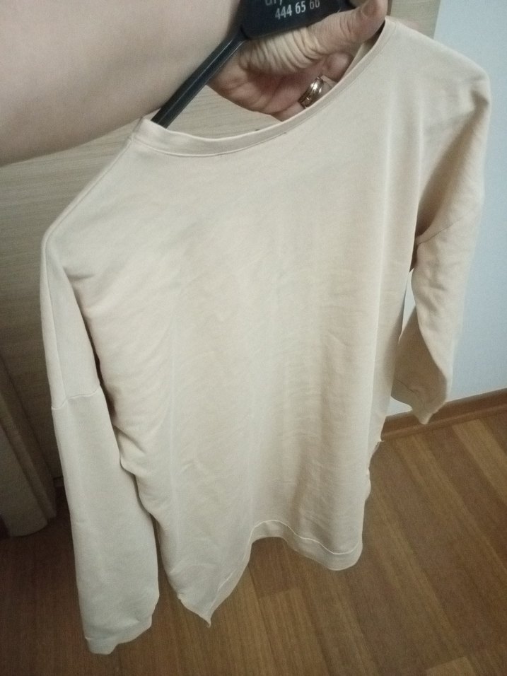 Bej Pamuklu Uzun Kollu Kadın Sweatshirt - Görsel 4