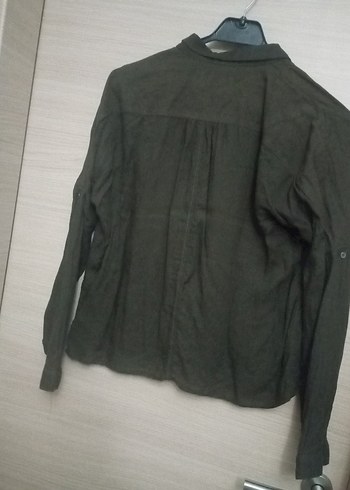 Düğmeli haki Keten Kadın Gömlek - Görsel 4