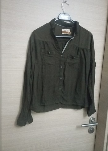 Düğmeli haki Keten Kadın Gömlek - Görsel 2