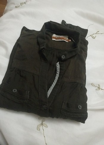 Düğmeli haki Keten Kadın Gömlek - Görsel 5