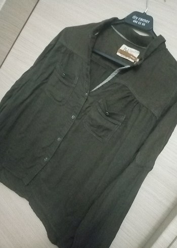 Düğmeli haki Keten Kadın Gömlek - Görsel 3