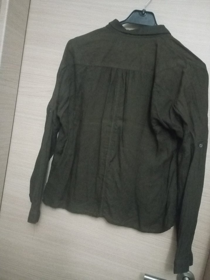 Düğmeli haki Keten Kadın Gömlek - Görsel 4