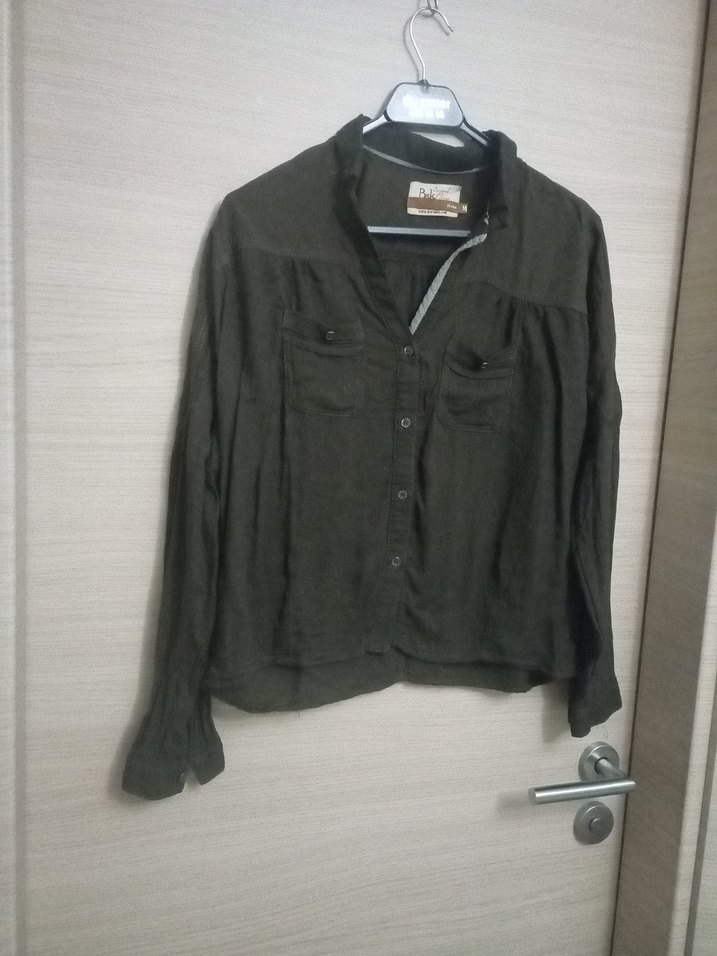 Düğmeli haki Keten Kadın Gömlek - Görsel 2