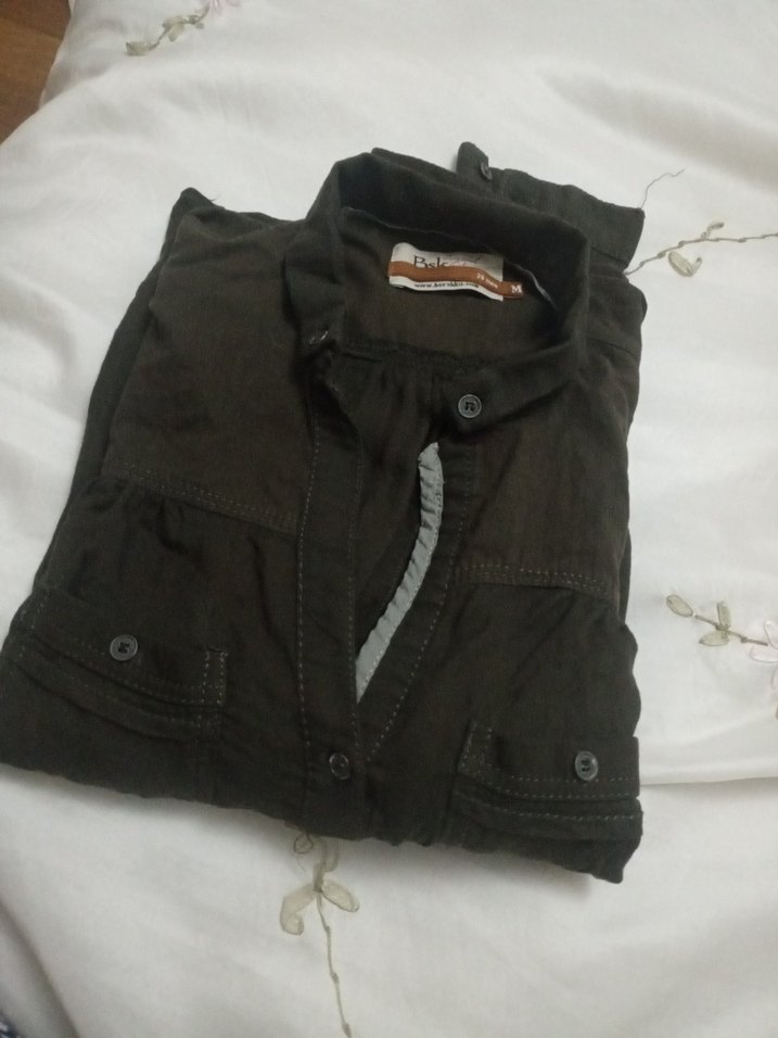 Düğmeli haki Keten Kadın Gömlek - Görsel 5