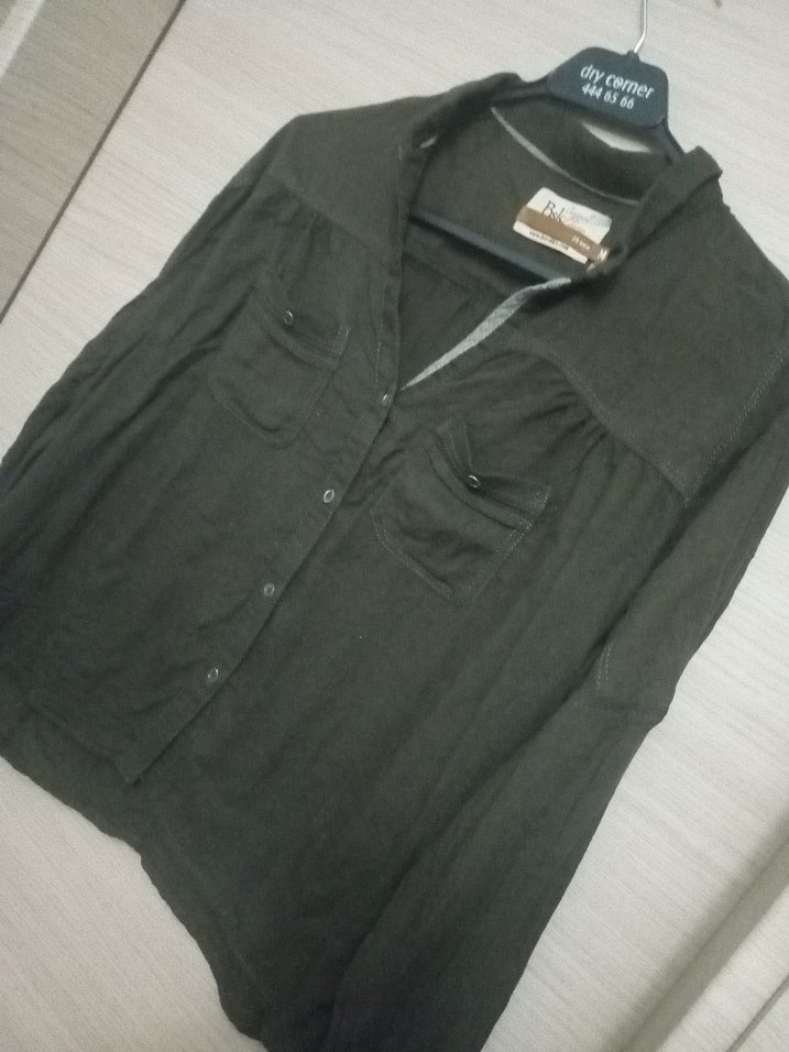 Düğmeli haki Keten Kadın Gömlek - Görsel 3