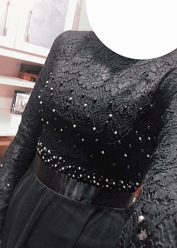 Dantel İşlemeli Siyah Uzun Kadın Abiye Elbise - Görsel 2