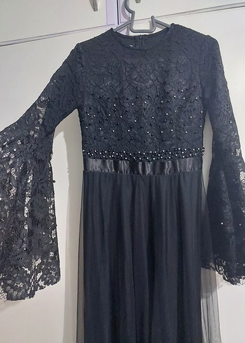 Dantel İşlemeli Siyah Uzun Kadın Abiye Elbise - Görsel 3