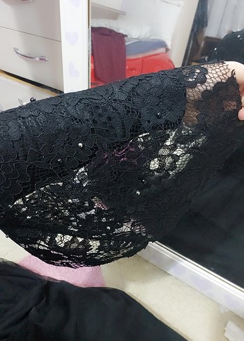 Dantel İşlemeli Siyah Uzun Kadın Abiye Elbise - Görsel 5