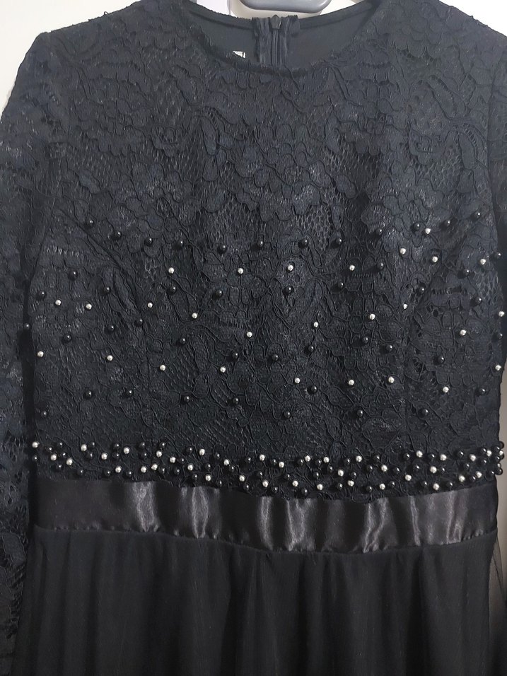 Dantel İşlemeli Siyah Uzun Kadın Abiye Elbise - Görsel 4