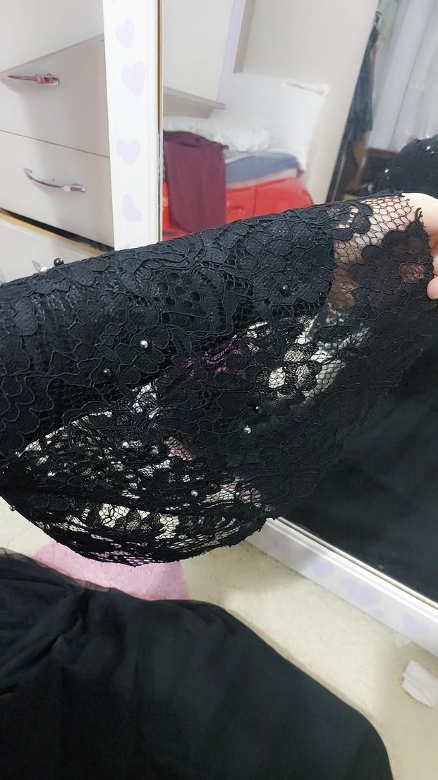 Dantel İşlemeli Siyah Uzun Kadın Abiye Elbise - Görsel 5