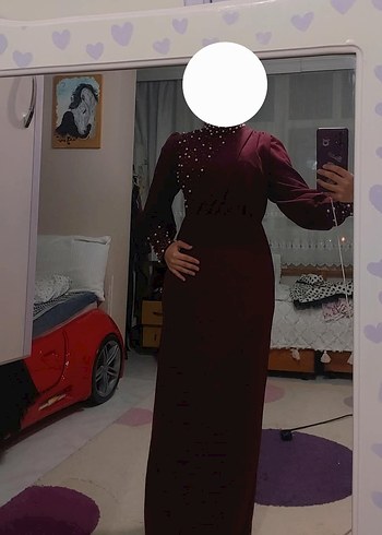 Bordo İncili Uzun Abiye Elbise - Görsel 3