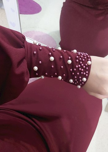 Bordo İncili Uzun Abiye Elbise - Görsel 2