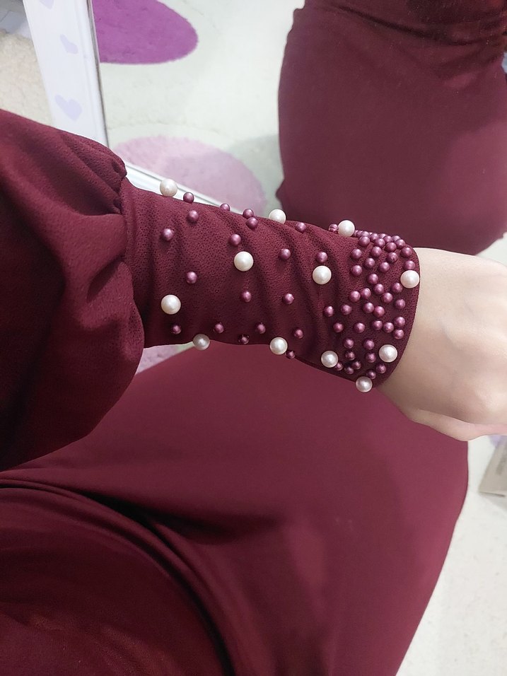 Bordo İncili Uzun Abiye Elbise - Görsel 2