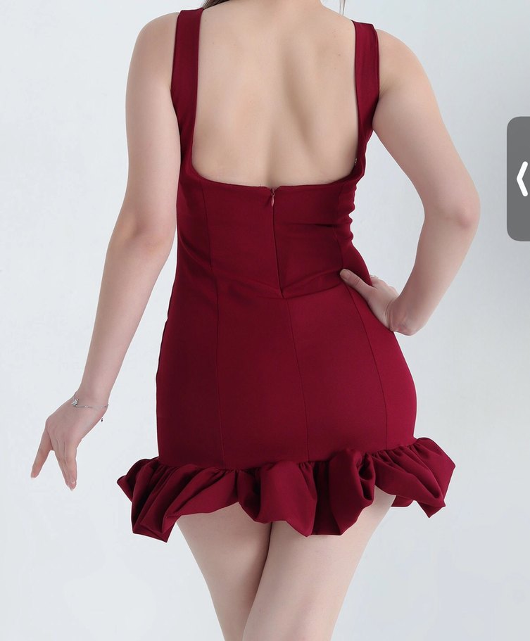 Bordo Mini Fırfırlı Straplez Elbise - Görsel 3