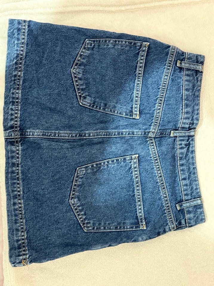 Düğmeli Koyu Mavi Mini Denim Etek - Görsel 2
