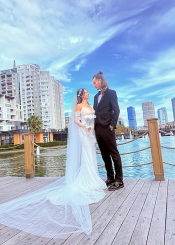 Beyaz fransız dantelli balık model gelinlik - Görsel 3