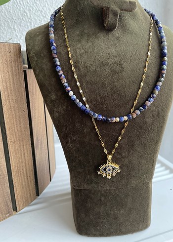 Lapis lazuli çelik ikili Kolye - Görsel 3