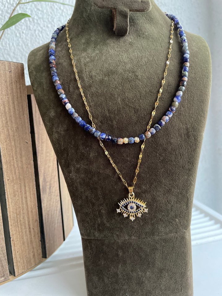 Lapis lazuli çelik ikili Kolye - Görsel 4