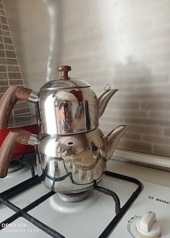 Paslanmaz Çelik Çaydanlık Seti, Kahverengi Saplı
