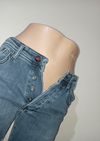 Zara Düğmeli Gri Mavi Denim Kadın Pantolon