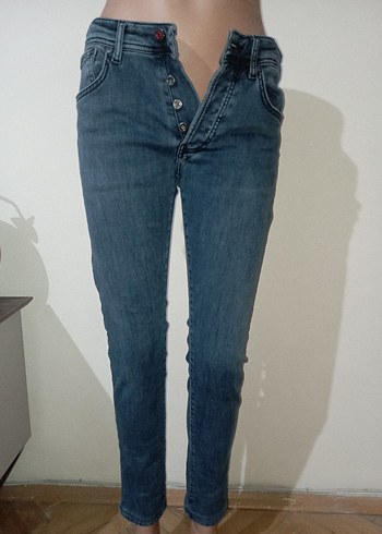 Düğmeli Gri Mavi Denim Kadın Pantolon