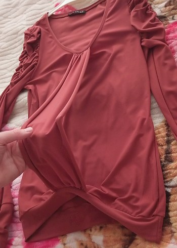 kiremit Uzun Kollu Drapeli Kadın Bluz - Görsel 3