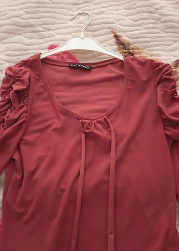 kiremit Uzun Kollu Drapeli Kadın Bluz - Görsel 2