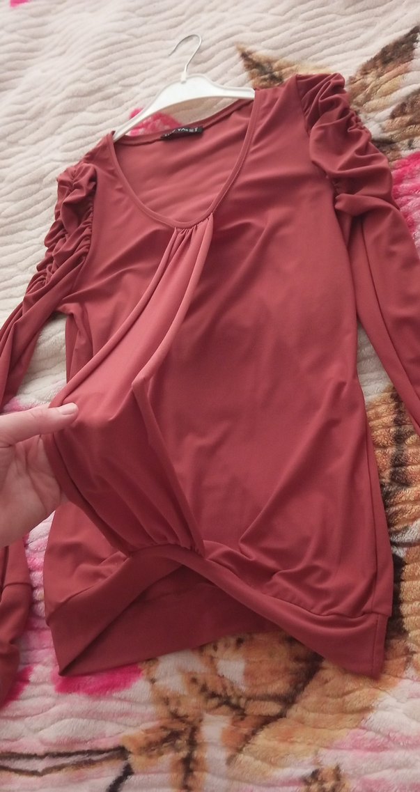 kiremit Uzun Kollu Drapeli Kadın Bluz - Görsel 3