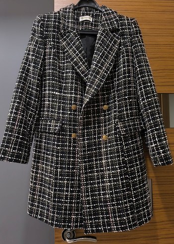 Düğmeli Siyah Ekose Midi Kadın Blazer - Görsel 3