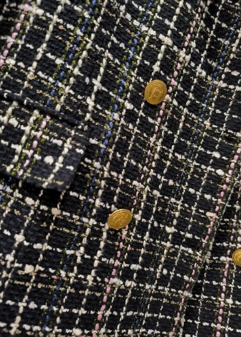 Düğmeli Siyah Ekose Midi Kadın Blazer - Görsel 4