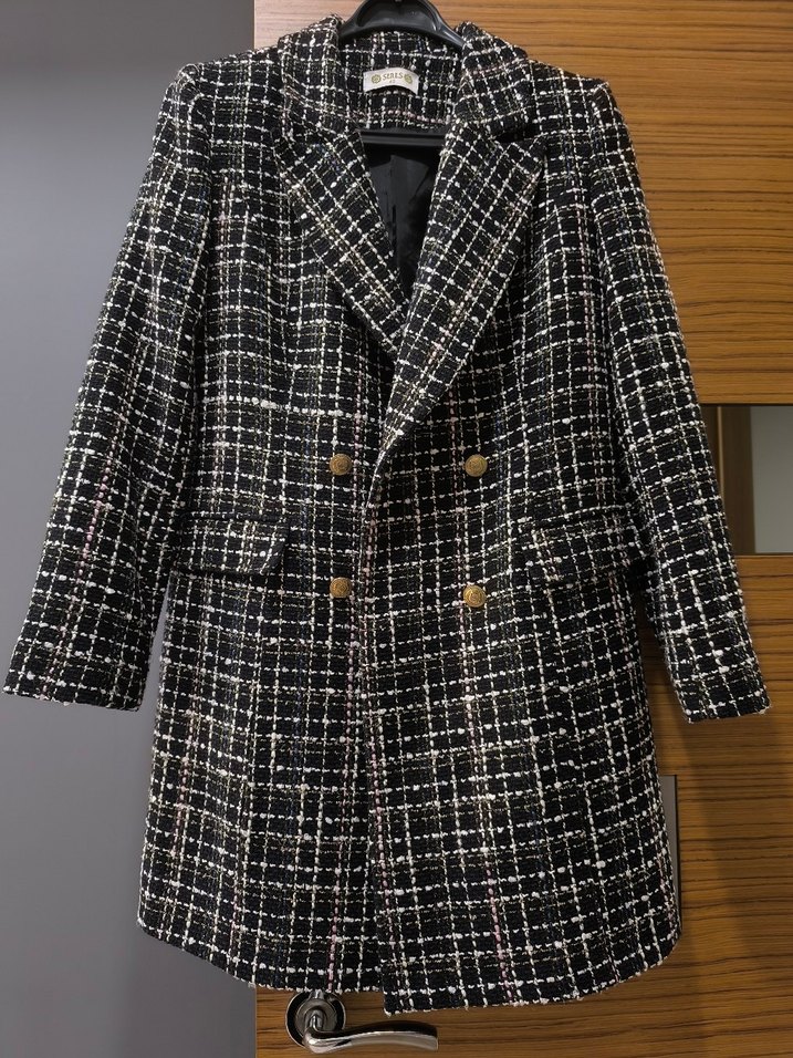 Düğmeli Siyah Ekose Midi Kadın Blazer - Görsel 3