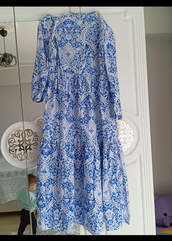 38 Beden Mavi Batik Desenli Uzun Elbise
