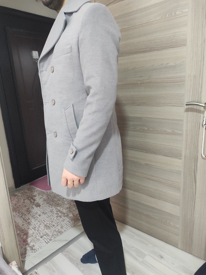 Gri Erkek Düğmeli Midi Kaban - Görsel 2