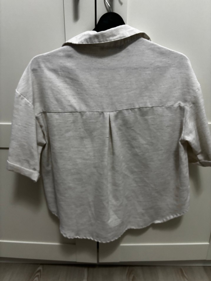 Düğmeli Kısa Kollu Keten Kadın Gömlek - Görsel 3