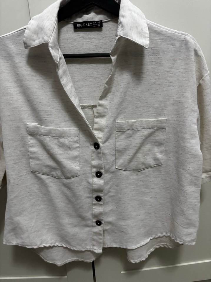 Düğmeli Kısa Kollu Keten Kadın Gömlek - Görsel 2