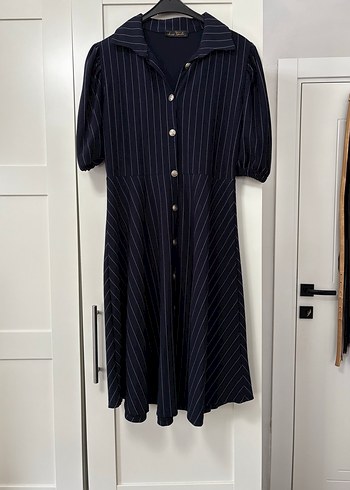Düğmeli Lacivert Midi Çizgili Elbise - Görsel 3