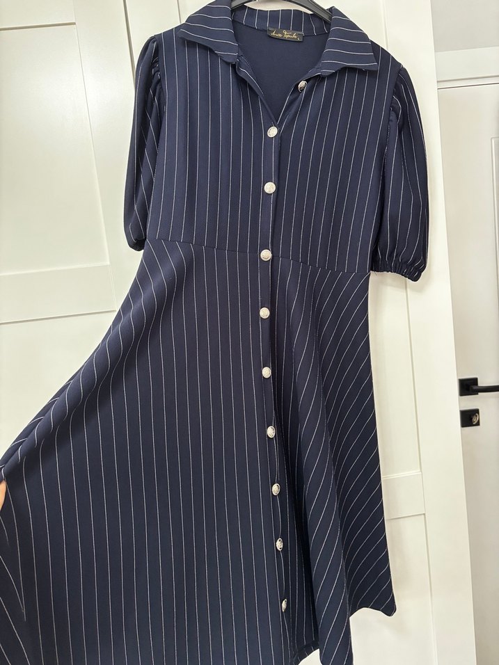 Düğmeli Lacivert Midi Çizgili Elbise - Görsel 2