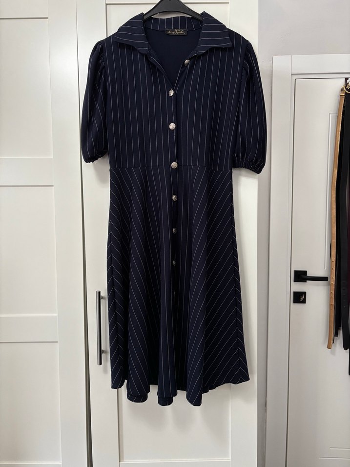 Düğmeli Lacivert Midi Çizgili Elbise - Görsel 3