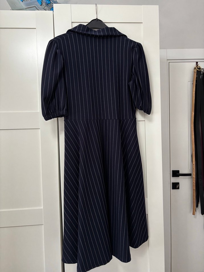 Düğmeli Lacivert Midi Çizgili Elbise - Görsel 4