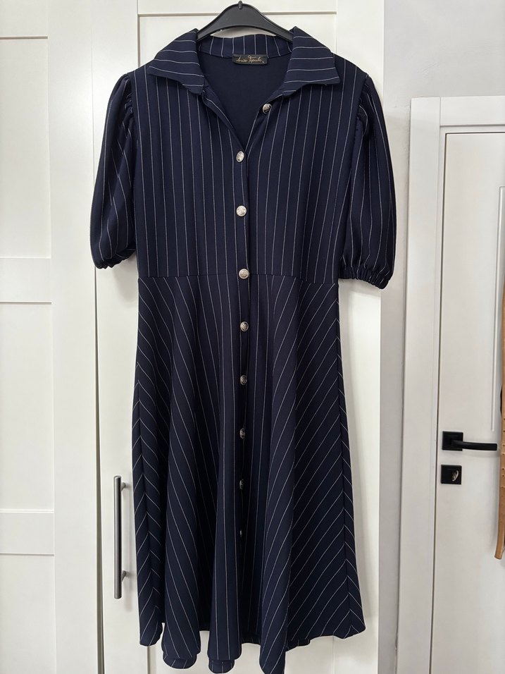 Düğmeli Lacivert Midi Çizgili Elbise - Görsel 5